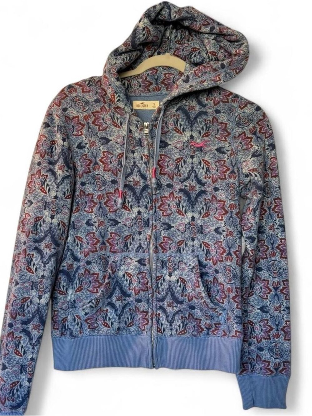 Hollister Blue Paisley Zip Hoodie Jacket with Red Accents